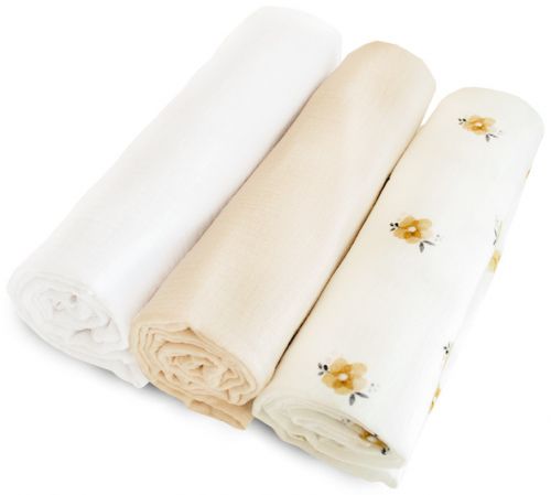 Set 3 mušelínových plenek 80 × 80 - bílá, natur, kvítky