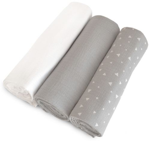 Set 3 mušelínových plenek 80 × 80 - bílá, světle šedá, bílé trojúhelníky na světle šedém