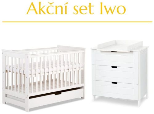 Akční set IWO = KLUPS Dětská postýlka se šuplíkem 120x60 bílá + KLUPS Dětská komoda IWO bílá