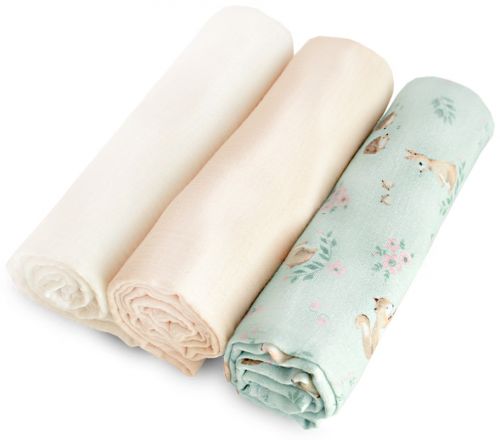 Set 3 mušelínových plenek 80 × 80 - smetanová, natur, zvířátka