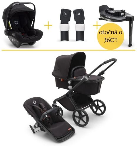 Kompletní set Fox Cub Black/Midnight Black+autosedačka Turtle Air by Nuna+otočná 360 báze+adaptéry