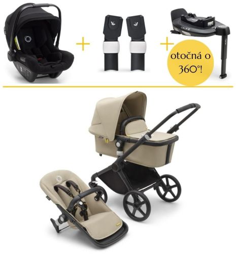 Kompletní set Fox Cub Black/Deset Beige+autosedačka Turtle Air by Nuna+otočná 360 báze+adaptéry