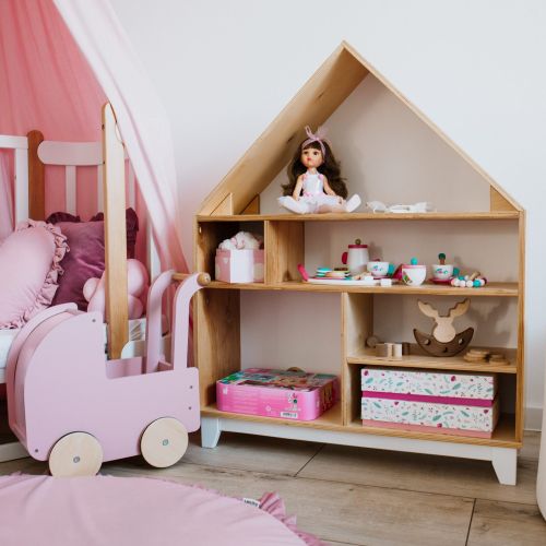 Montessori domečková police Woodle - přírodní dřevo/bílá