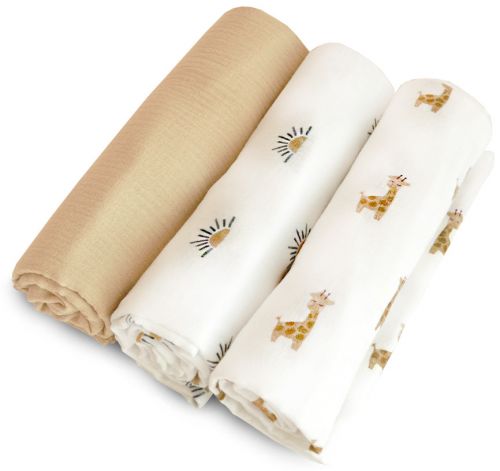 Set 3 mušelínových plenek 80 × 80 - béžová, slunce, žirafy
